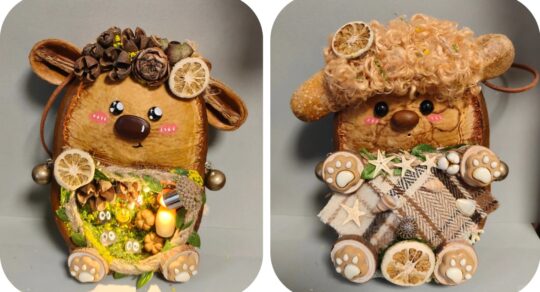 Side-by-side comparison of the decorated front and back of the same handmade Poddoll