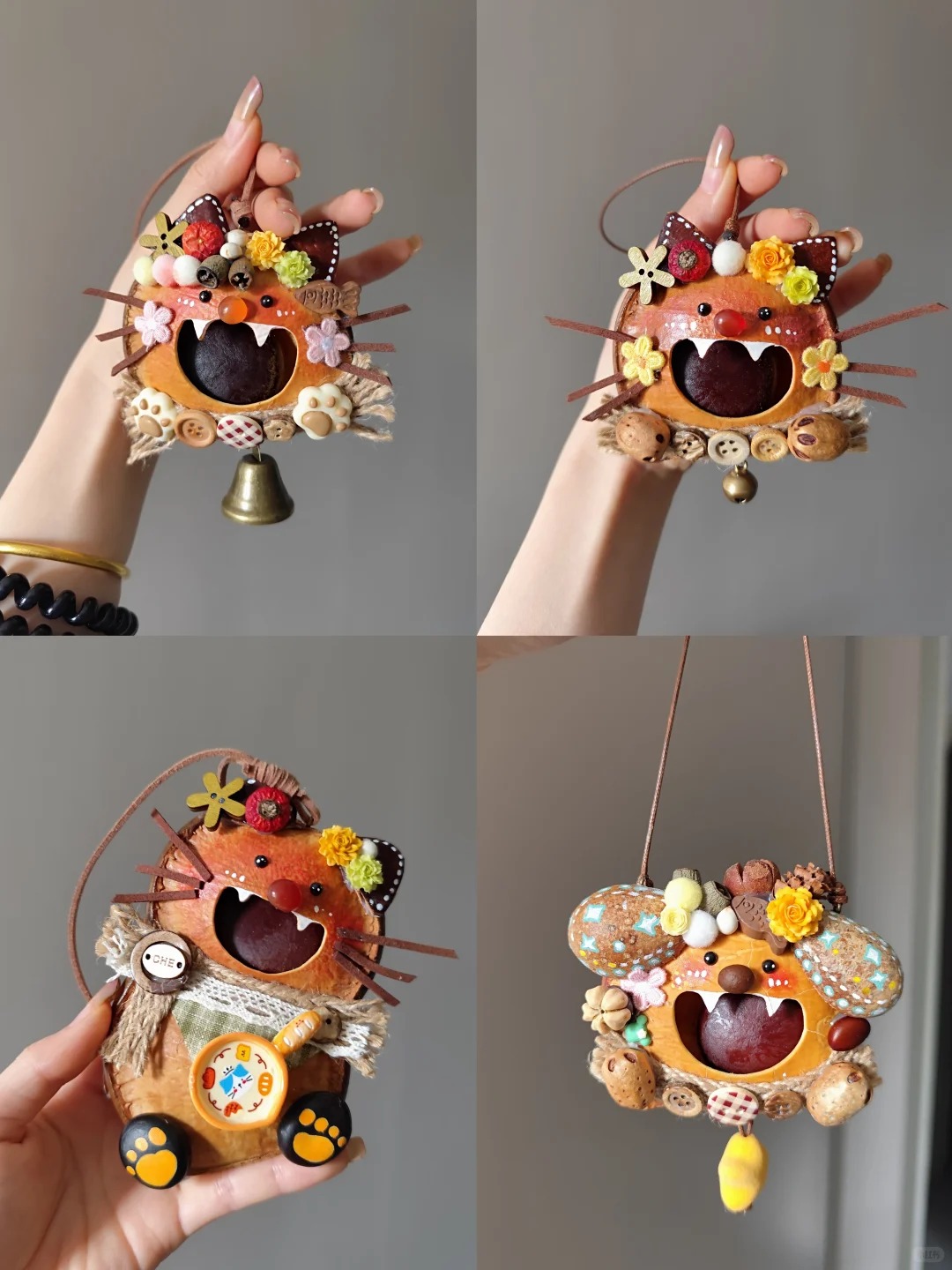 Four handmade open-mouth Poddolls with cat-like and animal-inspired features, floral details, paws, and hanging cords