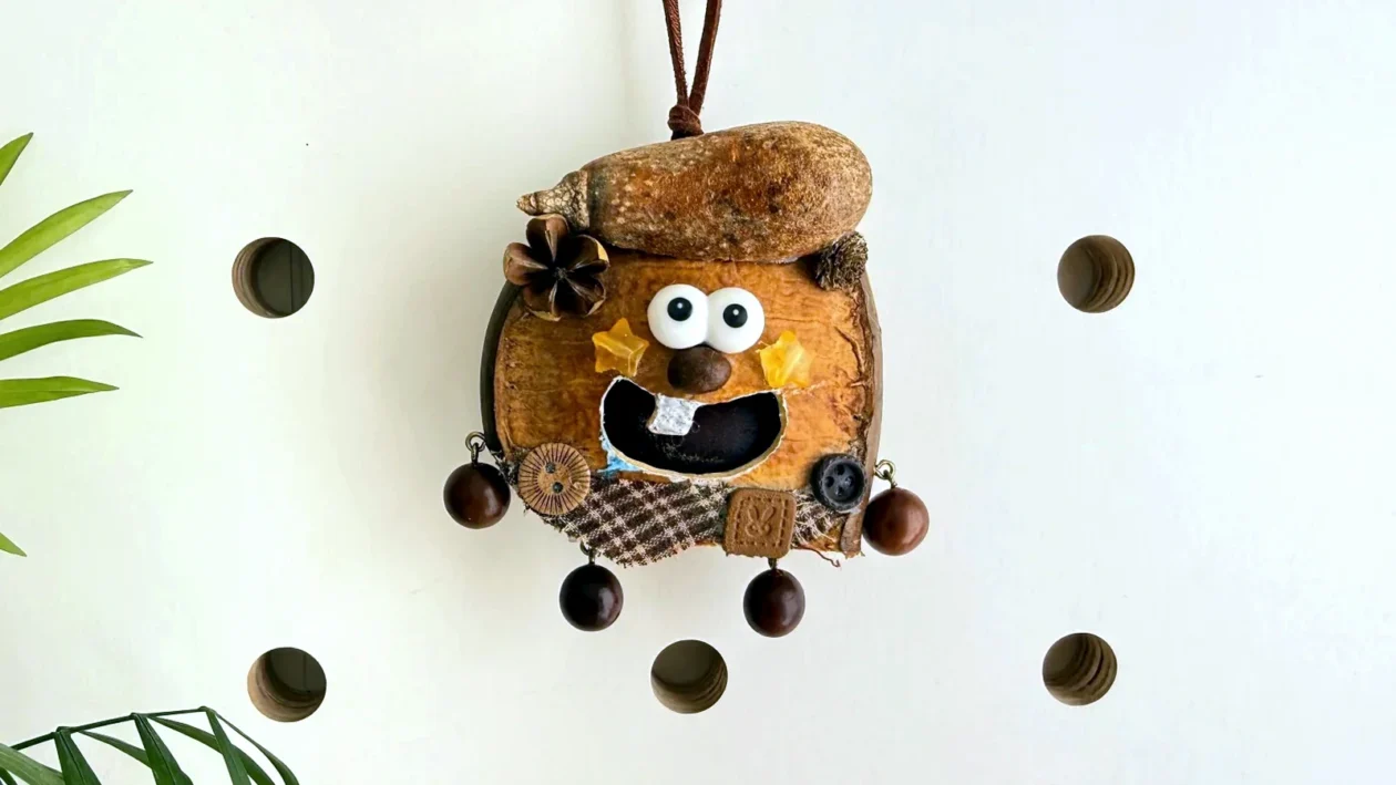 Open-mouth handmade Poddoll character hanging against a warm wall display