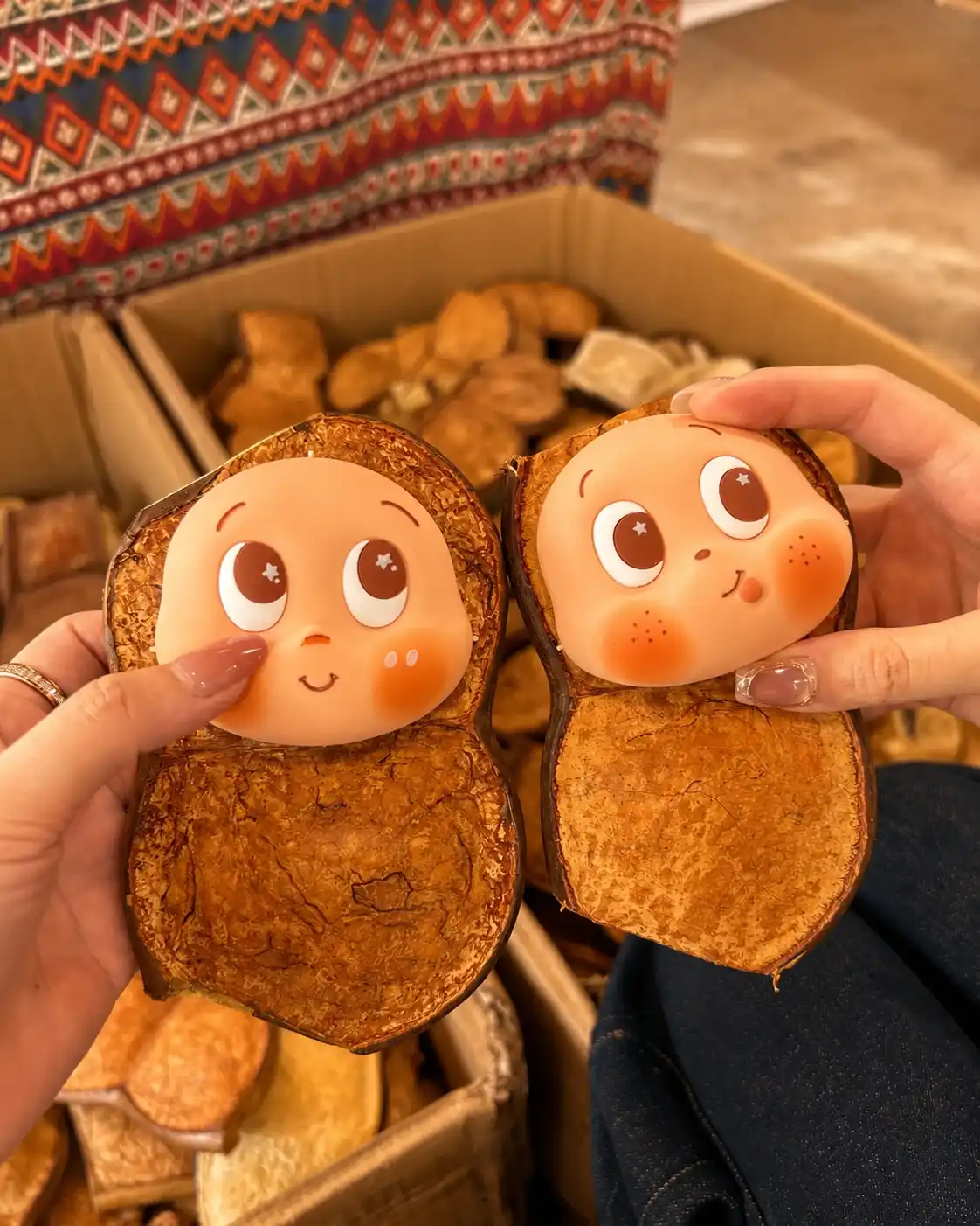 Hands holding two natural seed pod shell bodies with finished Poddoll faces before hair, clothing, and accessories are added