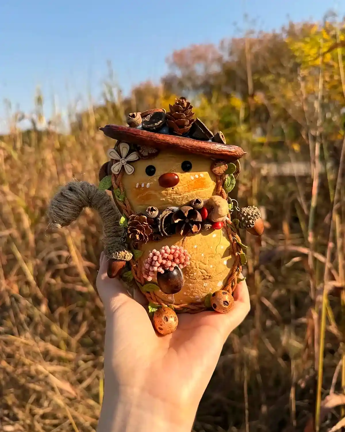 Small handmade collectible forest character made with a natural seed pod shell
