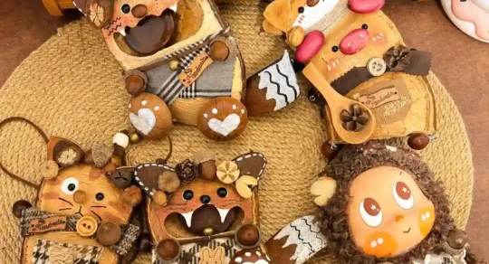 Six handmade Poddoll characters with different faces, shapes, clothing, and natural details arranged together