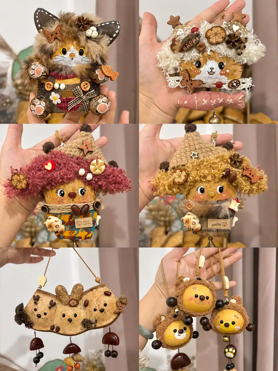 Small handmade Poddoll experiments mixing animal faces, clothing, hanging structures, hats, and grouped characters