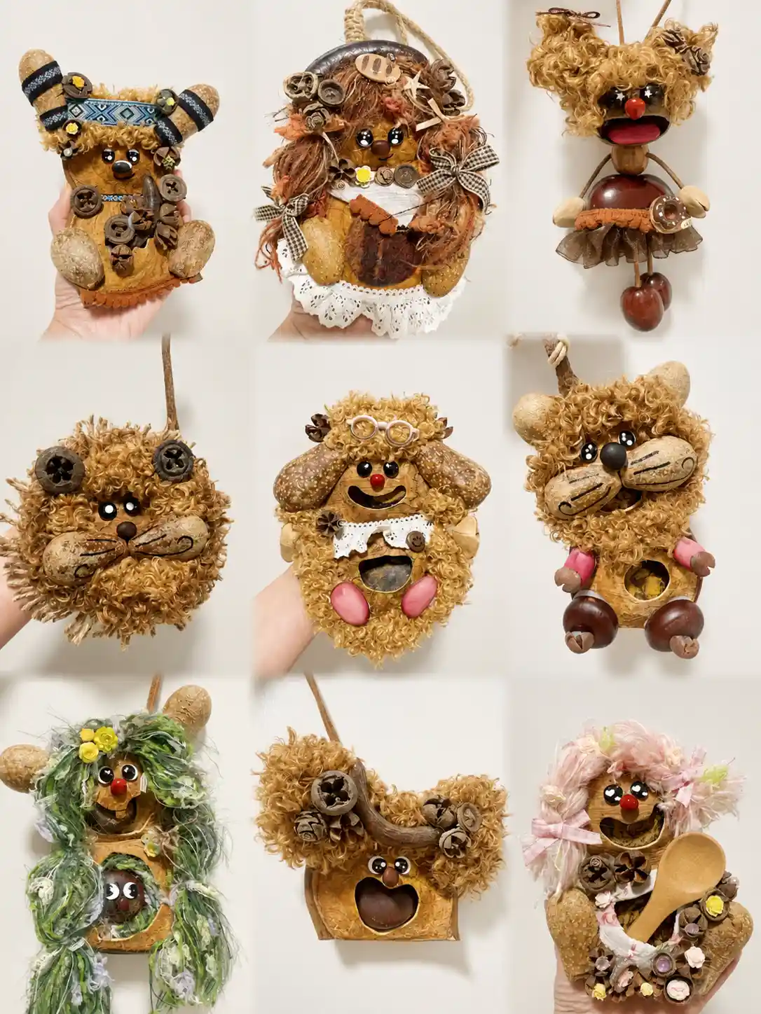 Collection of handmade Poddoll experiments with open mouths, curly hair, animal features, and varied shell shapes